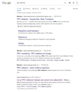 Ukázky google výsledků na slovo PPC reklama